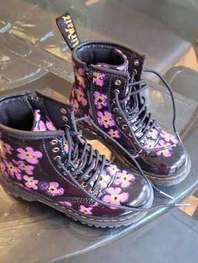 Dr. Martens Kids Black Patent Boots with Pink Floral Pattern
